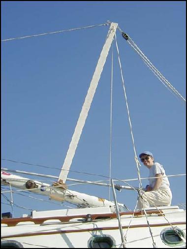 Flicka with gin pole and bridle in place ready for mast lowering - Mike Nelson