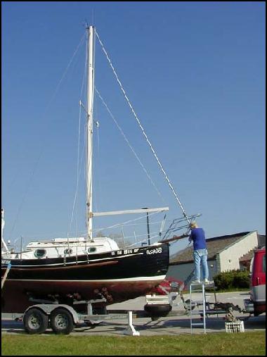Flicka with gin pole in place ready for mast lowering - Mike Nelson