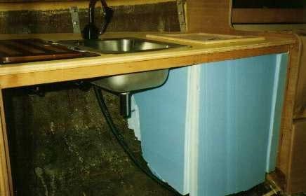Unfinished Galley – This is the rough galley lay out with the alcohol stove, the sink and the icebox
